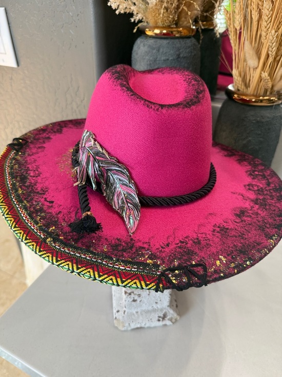 One of a kind Fuchsia Felt Cowboy Hat with Black Trim gold flake leather feather main image 2